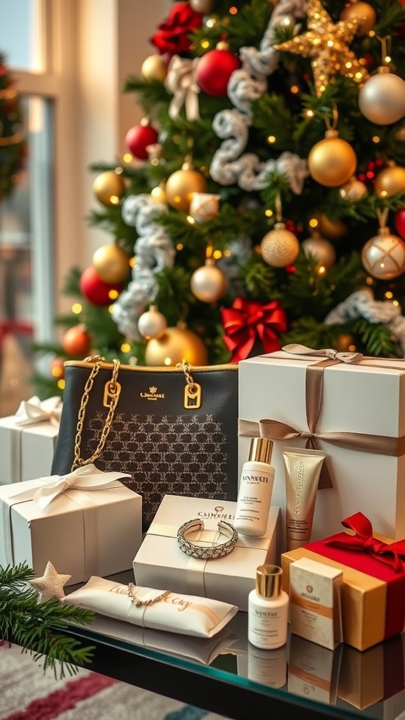 Luxury Christmas gifts including a designer handbag and jewelry under a Christmas tree.